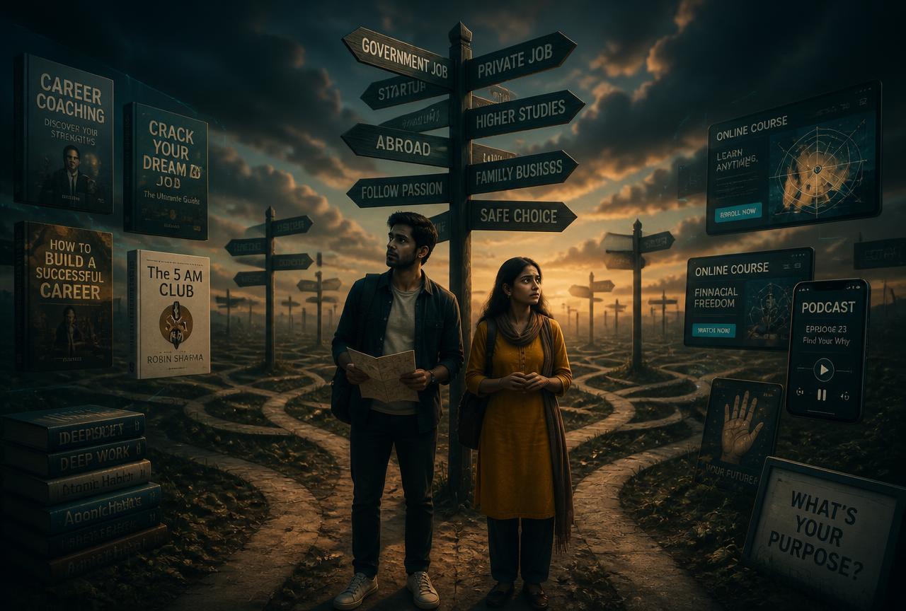 A man and woman standing lost at a crossroads of career advice, books and courses